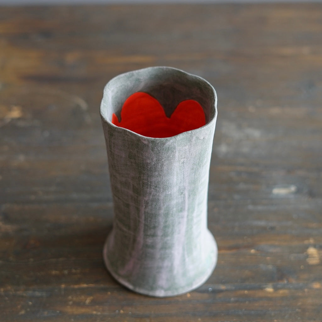 Olive Green / Red Fluted Flower Vase #JT430B